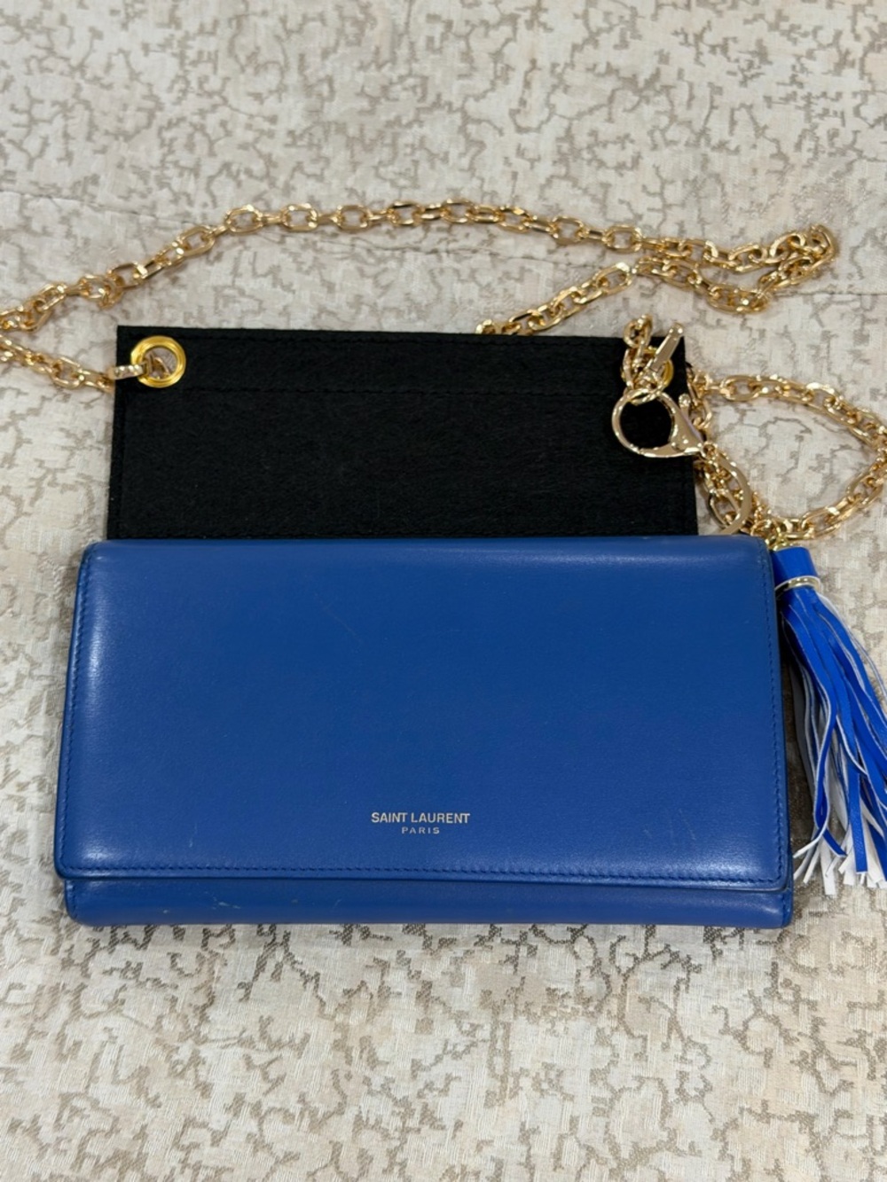 Saint Laurent Cobalt Blue Leather Crossbody Wallet with Gold Chain and Tassel